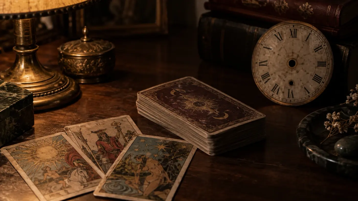 Un reloj antiguo sin agujas apoyado sobre una mesa junto a un mazo cerrado