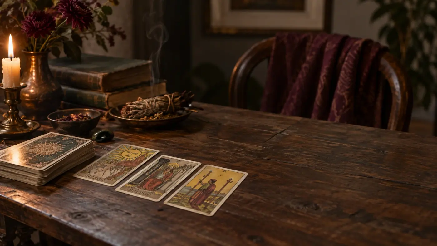 Un mazo de tarot a un lado de la mesa y un espacio vacío al otro