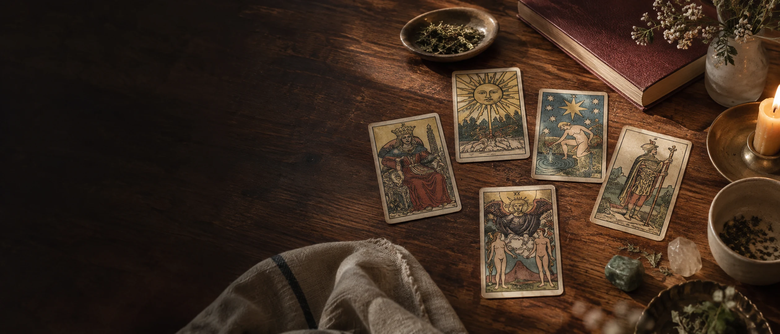 Cartas de tarot, un libro burdeos y papel envejecido sobre una mesa de madera oscura