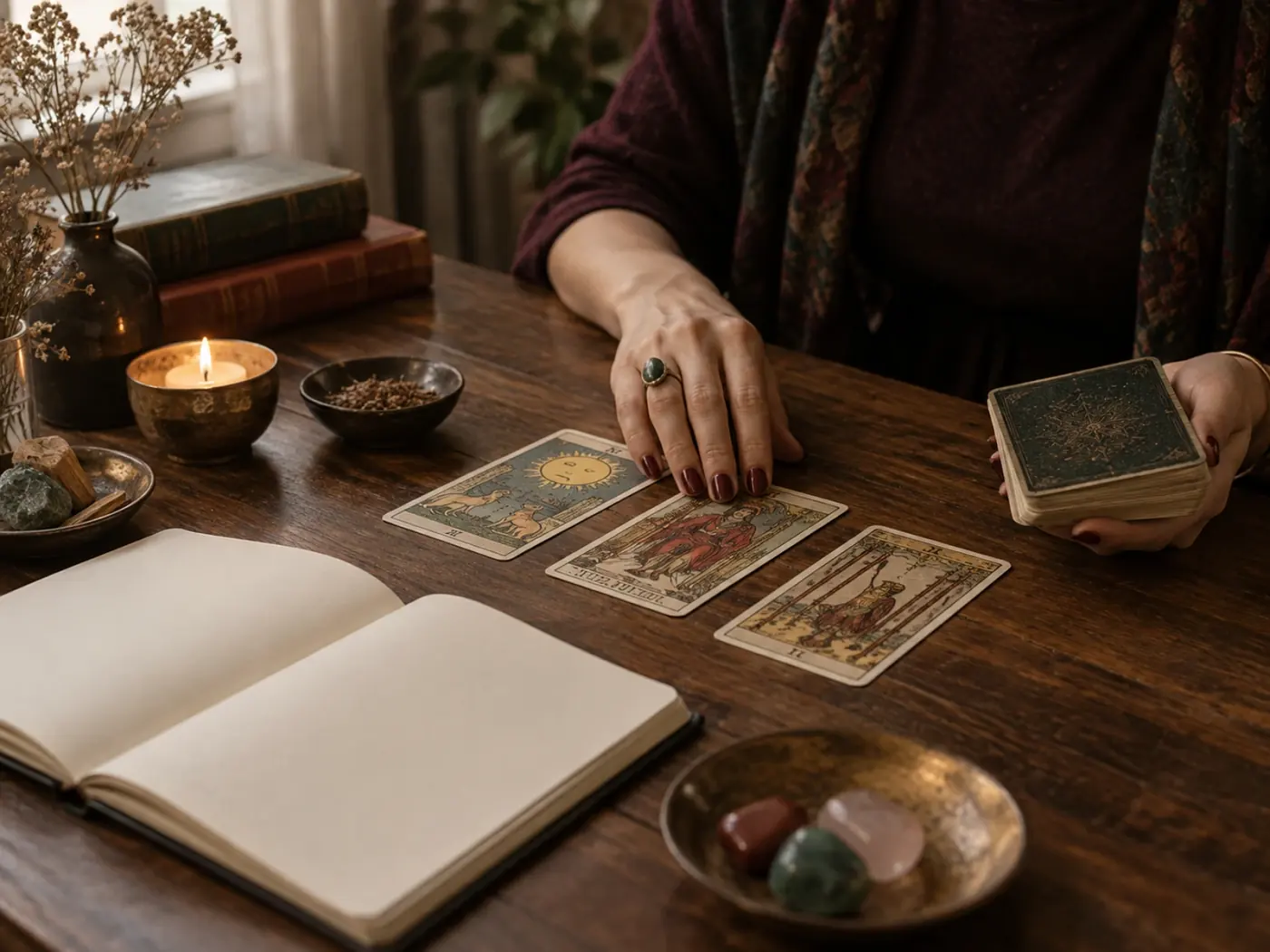 Glosario de tarot: cartas y un cuaderno abierto sobre la mesa de lectura